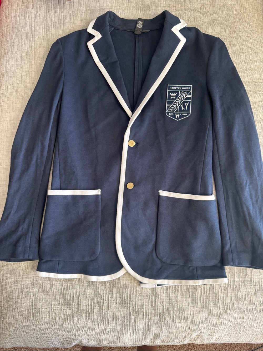 Navy Blazer with Cream Piping and Patch